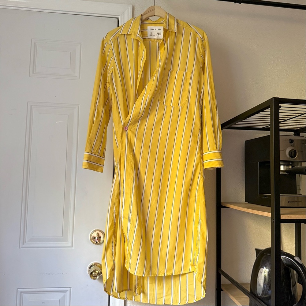 WEAR CISSA yellow cotton pin striped asymmetrical‎ one button midi shirt dress